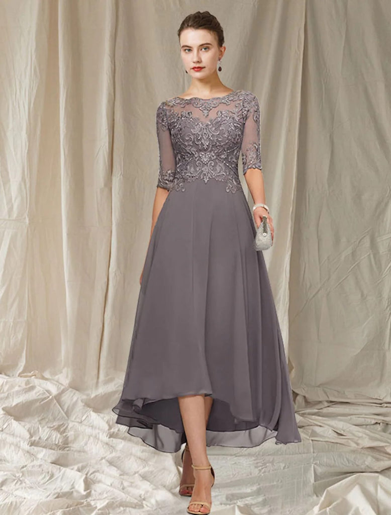 A-line Bateau Neck Chiffon Hi Low Mother of Bride Dress