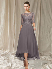 A-line Bateau Neck Chiffon Hi Low Mother of Bride Dress