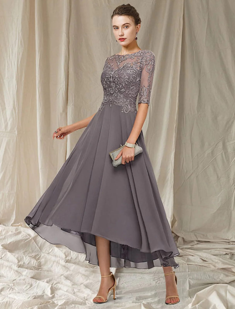 A-line Bateau Neck Chiffon Hi Low Mother of Bride Dress