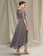 A-line Bateau Neck Chiffon Hi Low Mother of Bride Dress