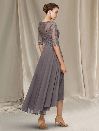 A-line Bateau Neck Chiffon Hi Low Mother of Bride Dress