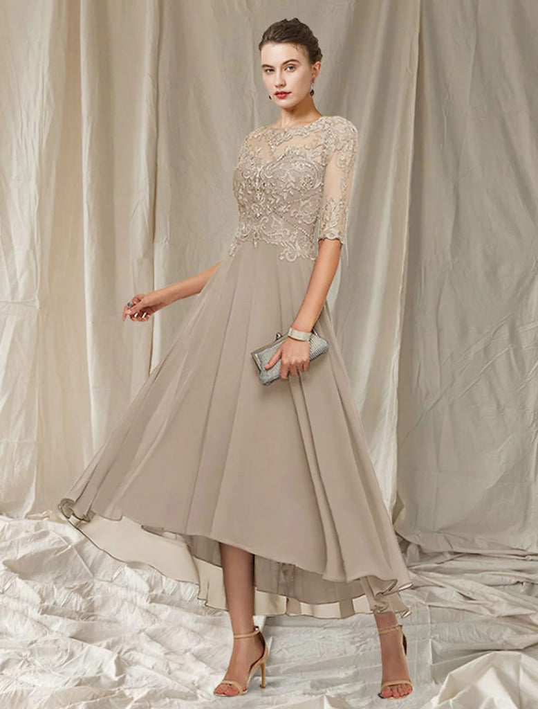A-line Bateau Neck Chiffon Hi Low Mother of Bride Dress