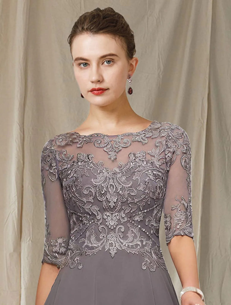 A-line Bateau Neck Chiffon Hi Low Mother of Bride Dress
