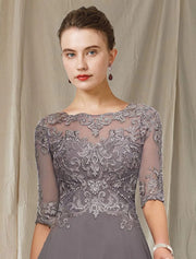 A-line Bateau Neck Chiffon Hi Low Mother of Bride Dress