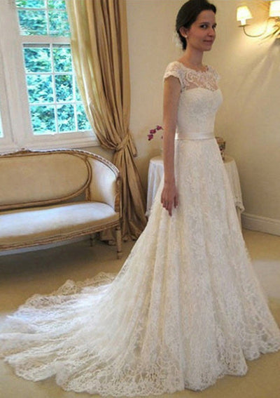 A-line Bateau Cap Sleeve Court Lace Bridal Gown Wedding