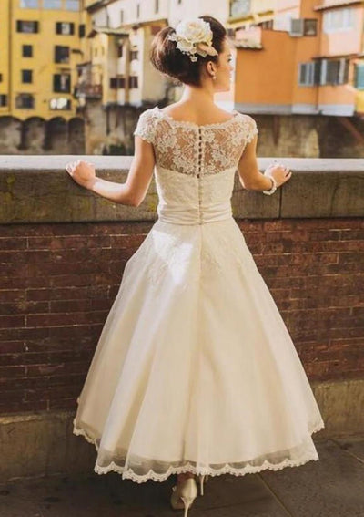 A-line Bateau Neck Tea Length Lace Tulle Wedding Dresses
