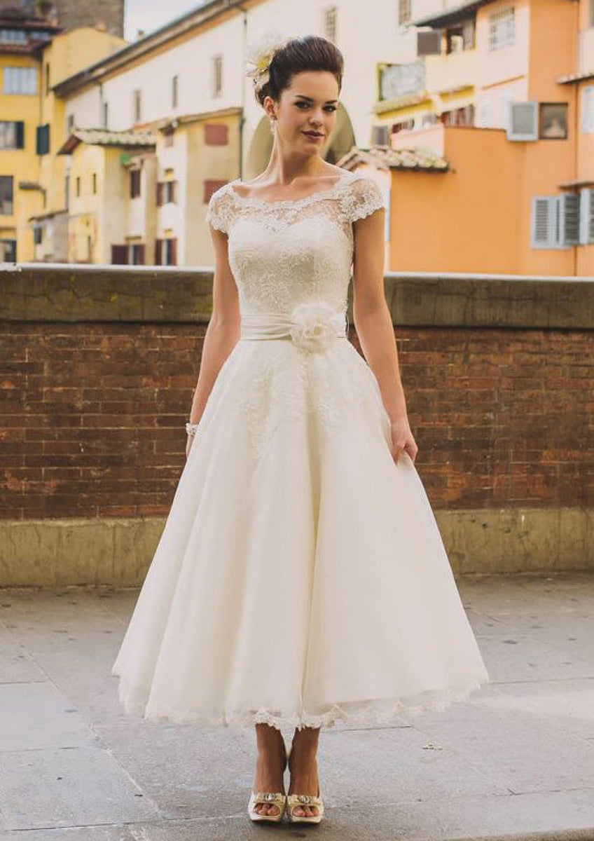 A-line Bateau Cap Sleeve Lace Tulle Midi Wedding Dresses, Flower A-line Bateau Cap Sleeve Lace Tulle Midi Wedding Dresses, Flower