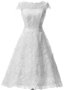A-line Bateau Cap Sleeve Tea-Length Lace Wedding Dress, Sash