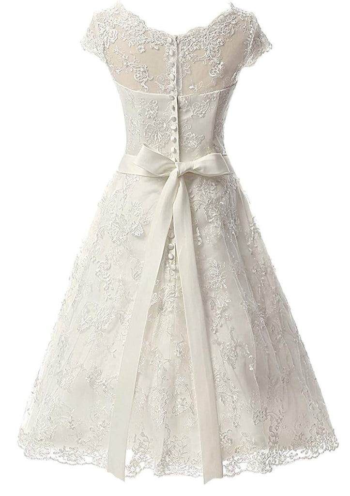 A-line Bateau Cap Sleeve Tea-Length Lace Wedding Dress Sash