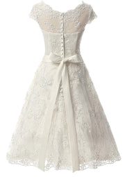 A-line Bateau Cap Sleeve Tea-Length Lace Wedding Dress Sash