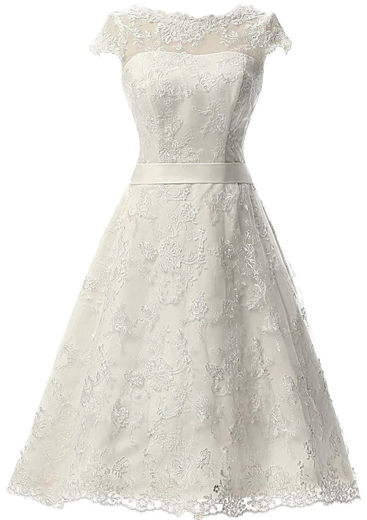 A-line Bateau Cap Sleeve Tea-Length Lace Wedding Dress Sash