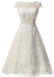 A-line Bateau Cap Sleeve Tea-Length Lace Wedding Dress Sash