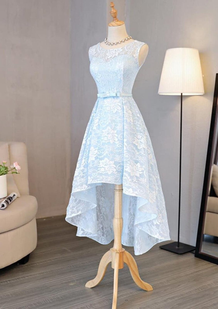 A-line Bateau Sleeveless Asymmetrical Lace Prom Dress, Waistband Bowkn