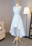 A-line Bateau Sleeveless Asymmetrical Lace Prom Dress, Waistband Bowknot