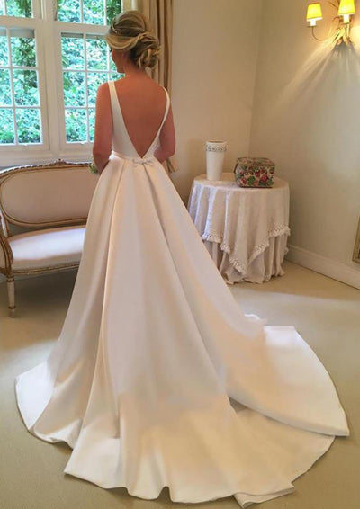 A-line Bateau Sleeveless V Back Court Satin Bridal Wedding