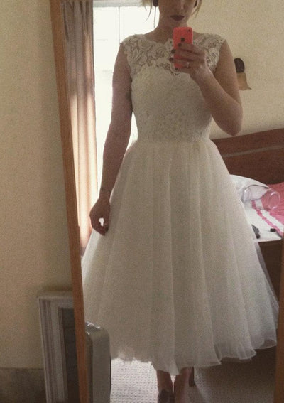A-line Bateau Sleeveless Tea-Length Lace Organza Wedding