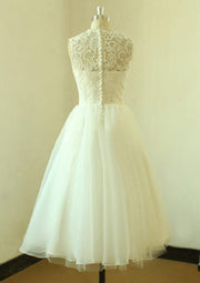 A-line Bateau Sleeveless Tea-Length Lace Organza Wedding