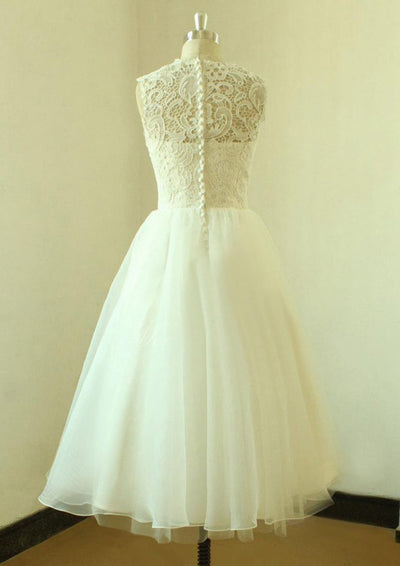 A-line Bateau Sleeveless Tea-Length Lace Organza Wedding
