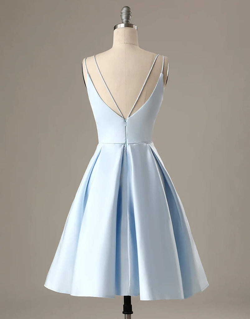 A-Line Blue Satin Double Straps V Back Homecoming Wedding