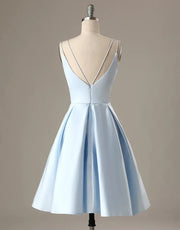 A-Line Blue Satin Double Straps V Back Homecoming Wedding