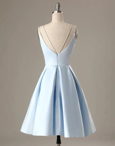 A-Line Blue Satin Double Straps V Back Homecoming Wedding