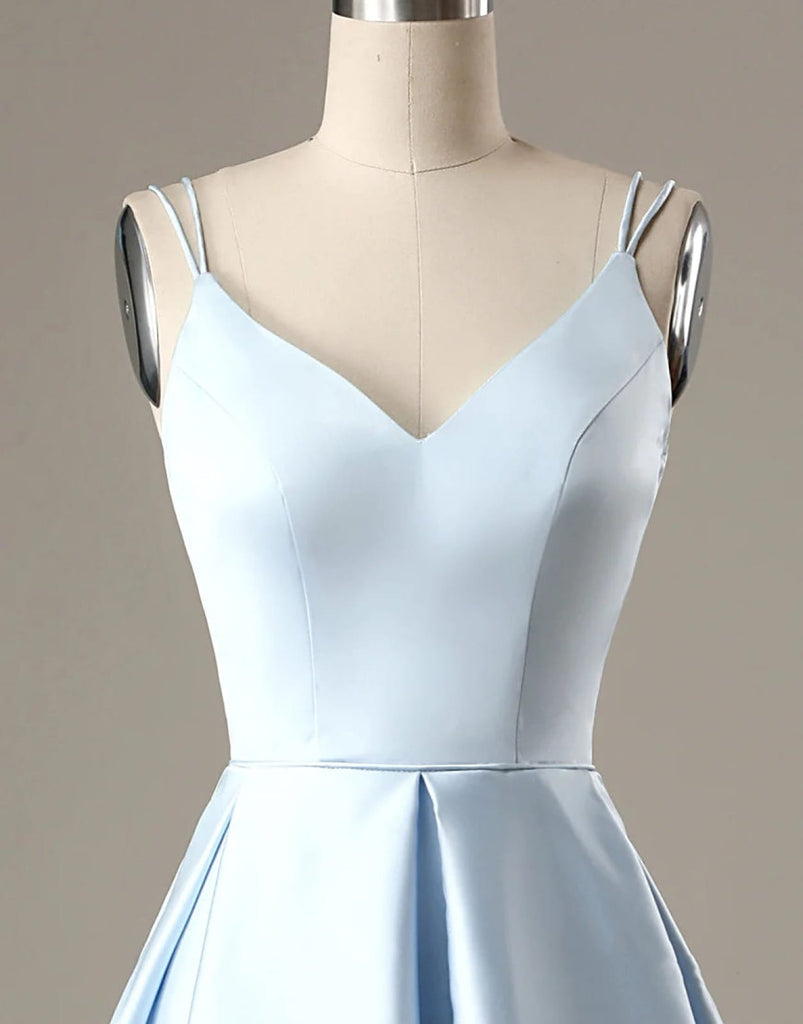 A-Line Blue Satin Double Straps V Back Homecoming Wedding