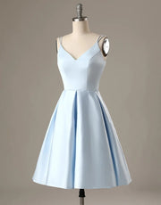 A-Line Blue Satin Double Straps V Back Homecoming Wedding 