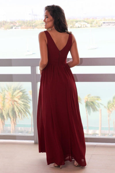 Burgundy Chiffon V Neck Back Wedding Prom Evening Party 