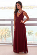 A-line Burgundy Chiffon V Neck V Back Wedding Prom Evening Party Dress