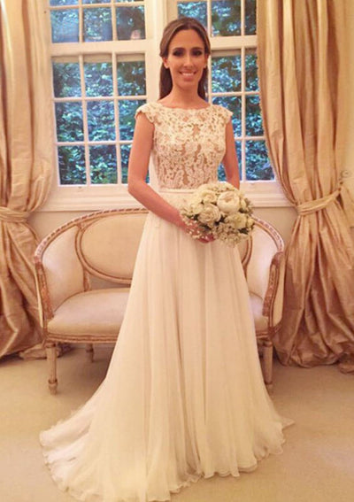 A-line Chiffon Appliqued Cap Sleeve Bateau V Back Sweep
