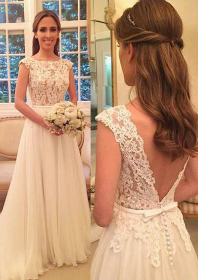 A-line Chiffon Appliqued Cap Sleeve Bateau V Back Sweep