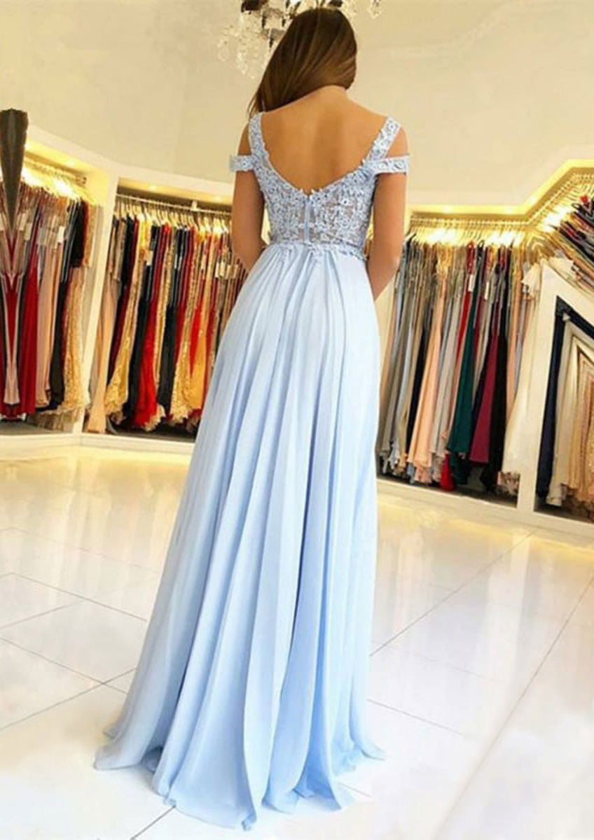 A-line Cold Shoulder Sky Blue Lace Chiffon Split Long Prom Dress A-line Cold Shoulder Sky Blue Lace Chiffon Split Long Prom Dress