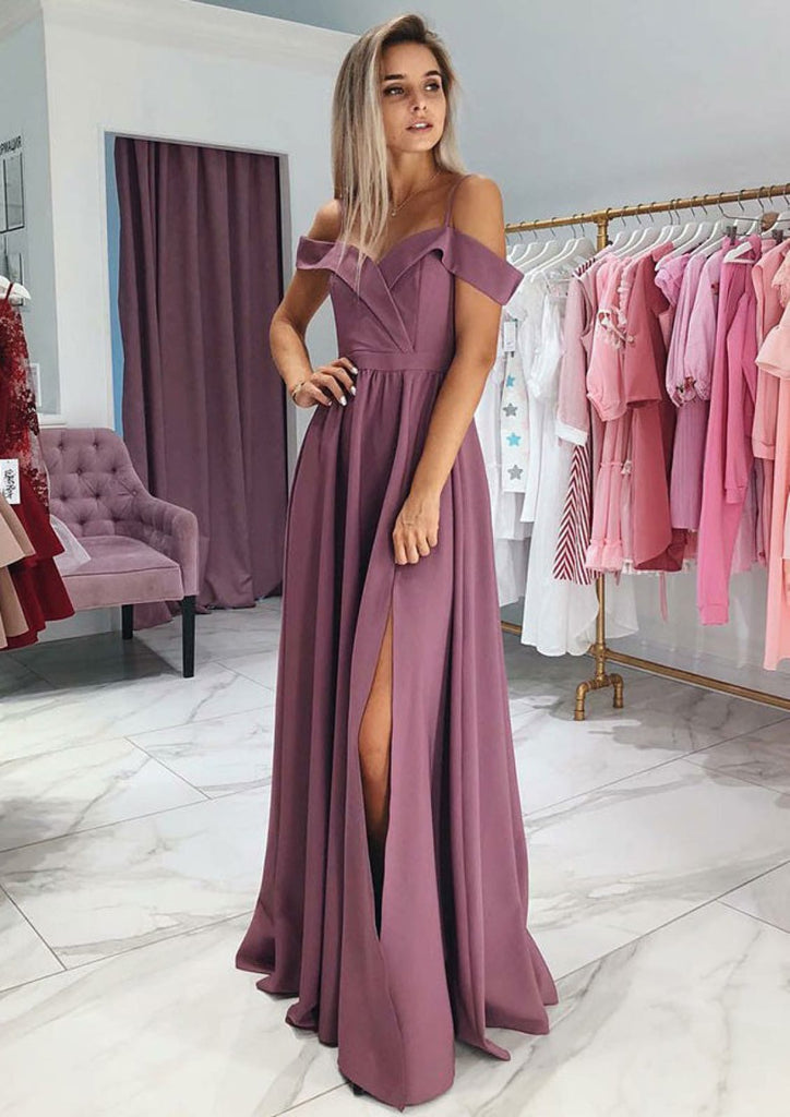 A-line Cold Shoulder Surplice Split Dusty Rose Satin Evening