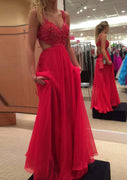 A-line Cut-out Back V Neck Sleeveless Long Chiffon Prom Dress, Beaded Lace