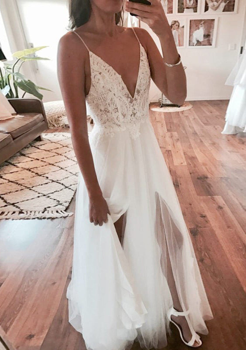 A-line Deep V Neck Spaghetti Strap Backless Lace Tulle Wedding Dress -  Princessly