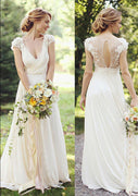 A-line Flowers Cap Sleeve Surplice Lace Chiffon Wedding Dress