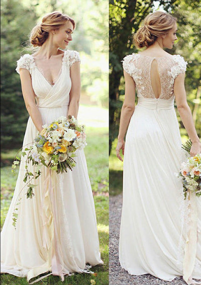 A-line Flowers Short Sleeve V Neck Lace Chiffon Wedding