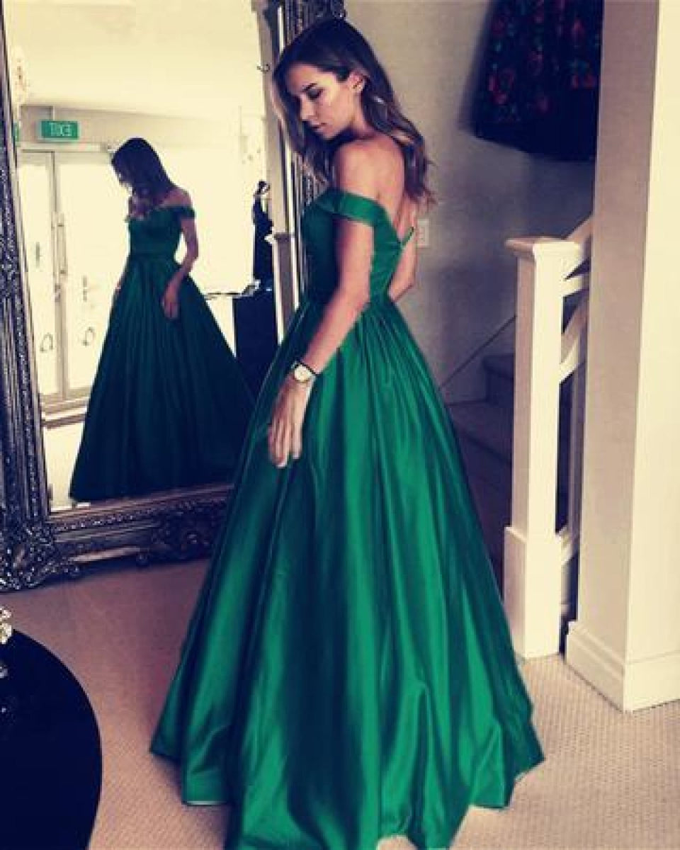 A-line Green Satin Off Shoulder Wedding Prom Evening Party Dress - Princessly A-line Green Satin Off Shoulder Wedding Prom Evening Party Dress - Princessly