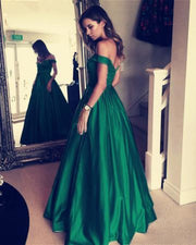 Green Satin Off Shoulder Wedding Prom Evening Party Dress