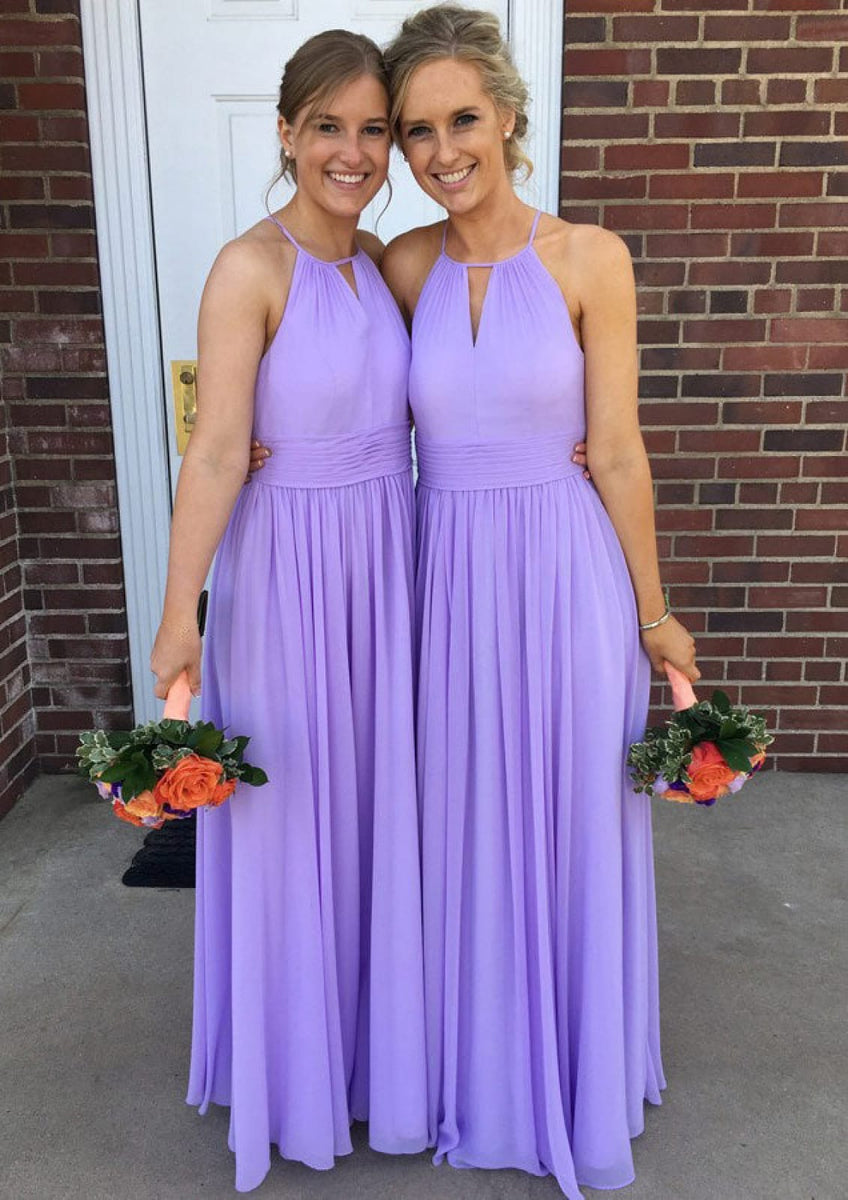 A-line Halter Neck Cutout Sleeveless Long Pleated Lilac Chiffon Bridesmaid Dress