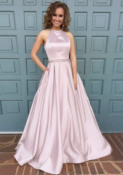 A-line/Princess Scoop Neck Sleeveless Sweep Train Satin Prom