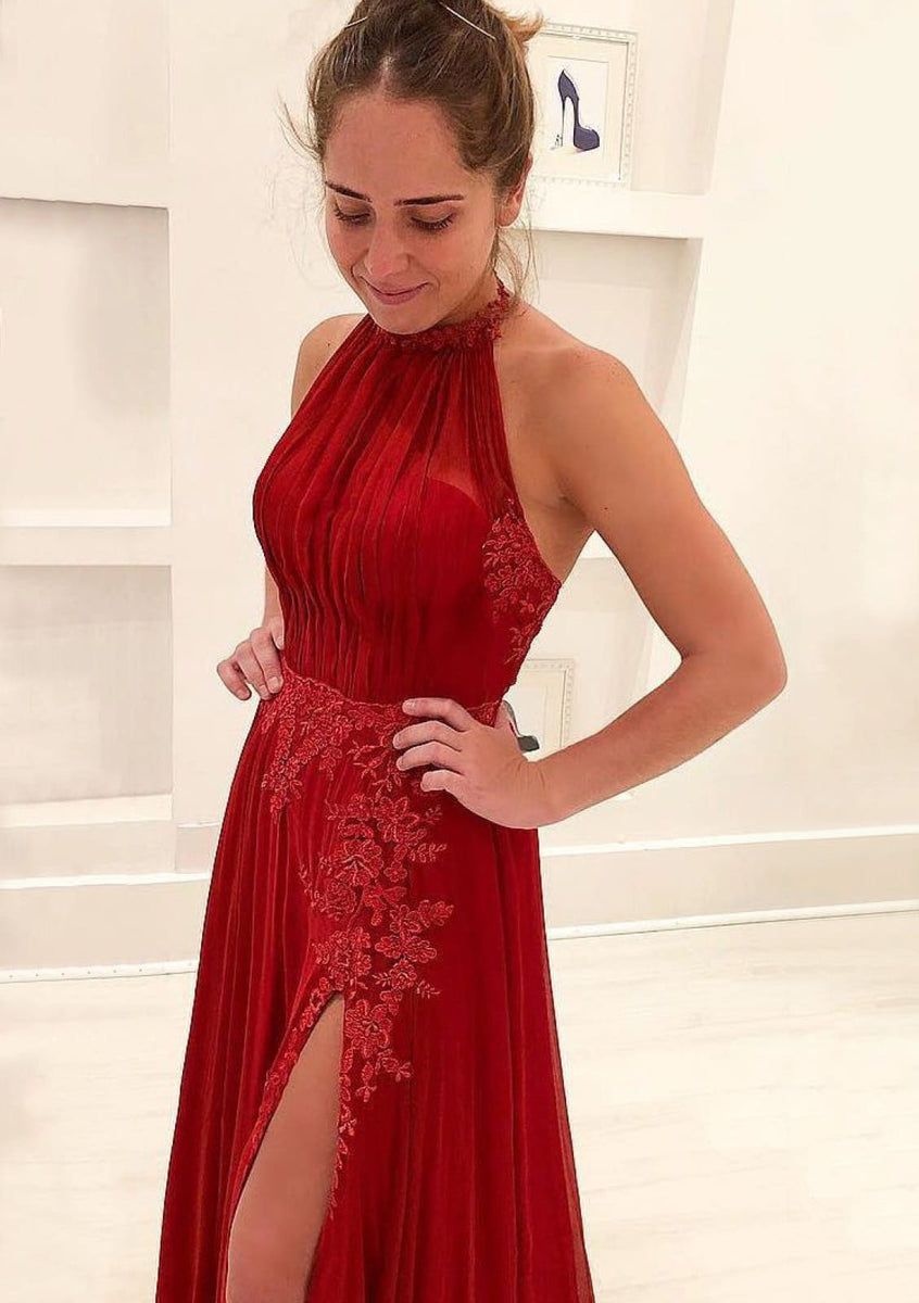 A-line Halter Sleeveless Floor Length Sweep Red Chiffon Prom Dress, Lace Split A-line Halter Sleeveless Floor Length Sweep Red Chiffon Prom Dress, Lace Split
