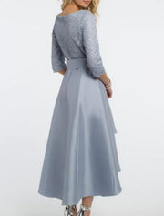 A-line Hi Low Scoop Neck 3/4 Sleeve Lace Satin Mother of