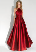 A-line High-Neck Sleeveless Floor-Length Wine Red Satin Prom Dress, Pleated