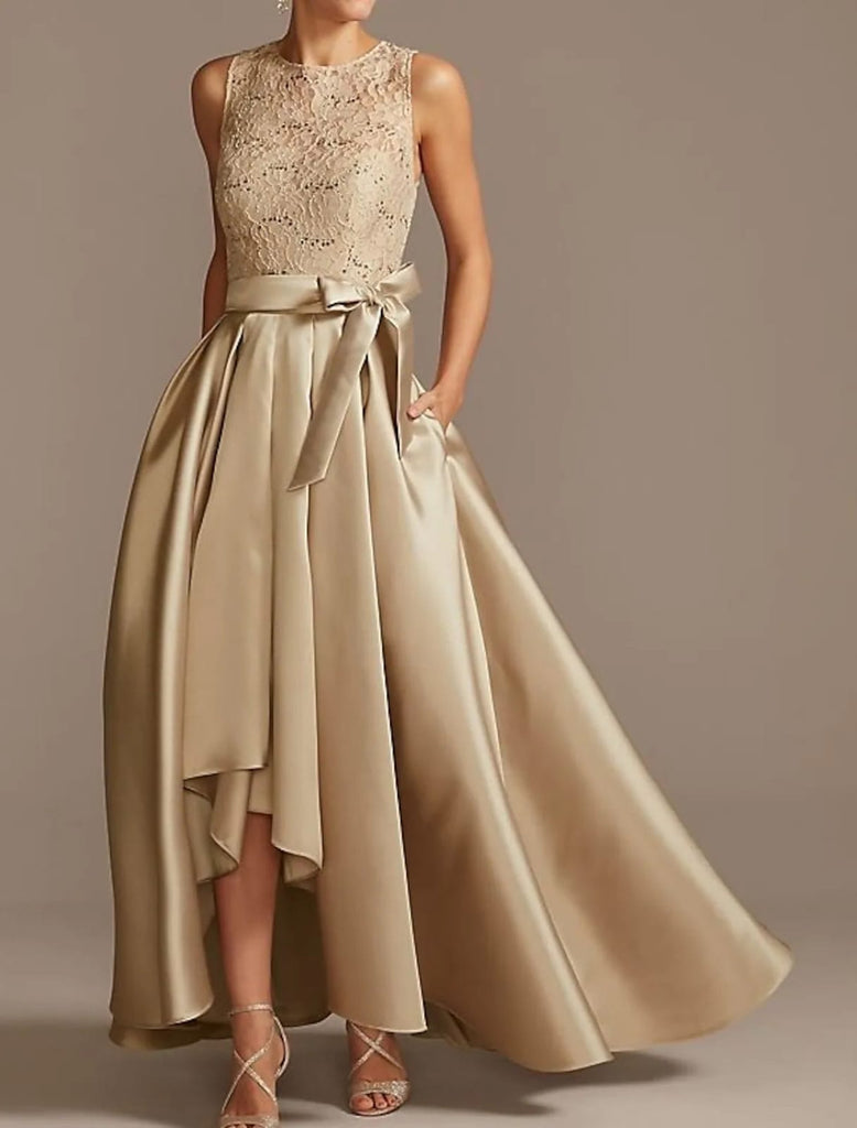 A-line Jewel Neck Lace Satin Sleeveless Box-pleat Hi Low