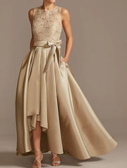 A-line Jewel Neck Lace Satin Sleeveless Box-pleat Hi Low