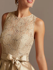 A-line Jewel Neck Lace Satin Sleeveless Box-pleat Hi Low