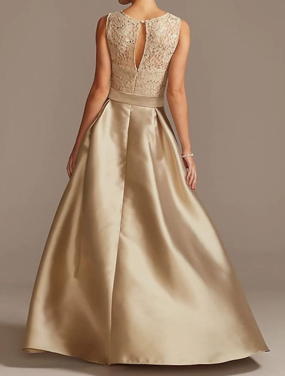 今年人気のブランド品や Sleeveless Satin Lace Neck Jewel A-line Box-pleat Low Hi ワンピース