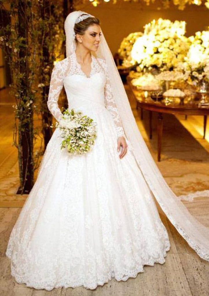 Ball Gown Scalloped Neck Full Sleeve Button Chapel Lace