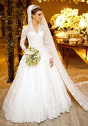 A-line Long Sleeve Button V Neck Chapel Lace Wedding Dress